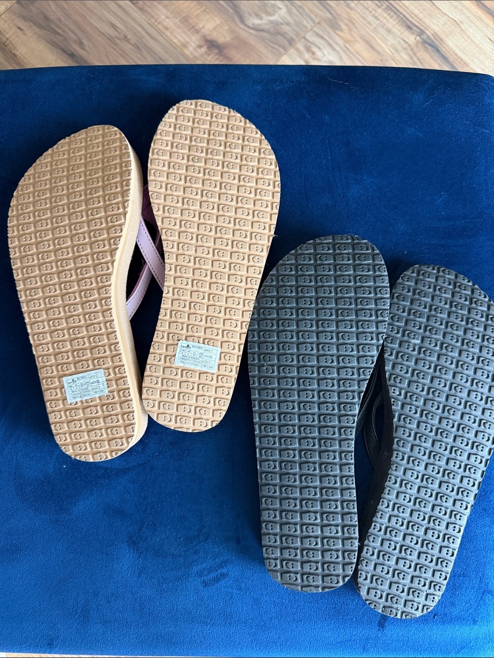 Sanuk Flip Flops in Tan with Purple Straps and Black with Green Logo - Picture 2 of 4